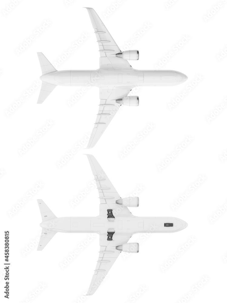 Airplane isolated on white background. Bottom view, 3d render. Airplane isolated on white background. Bottom view, 3d render.