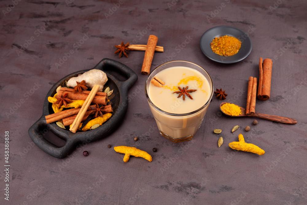 Masala chai. Traditional Indian tea with milk and spicy spices Stock
