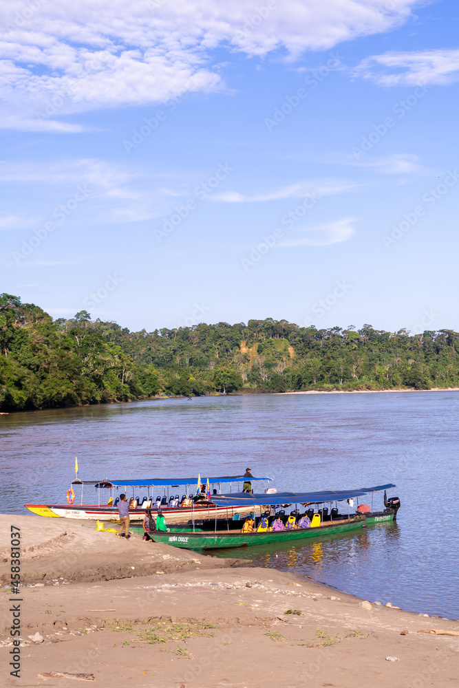 Fototapeta premium Canoes on the beach of Misahualli, Napo province, Ecuador