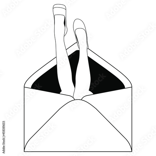 Beautiful female legs in fancy shoes sticking out of a paper envelope. Creative funny concept. Black and white silhouette.