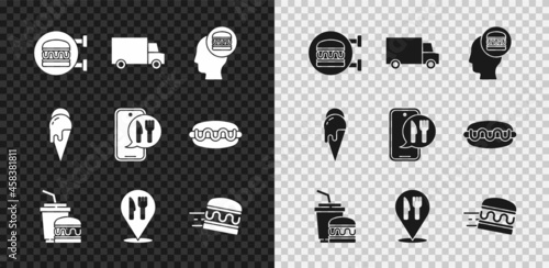 Set Online ordering burger delivery, Fast by car, and, Paper glass, Cafe restaurant location, Ice cream and icon. Vector