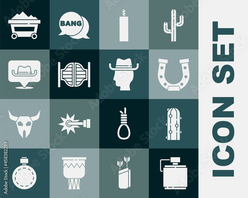 Set Canteen water bottle, Cactus, Horseshoe, Dynamite bomb, Saloon door, Location cowboy, Coal mine trolley and Cowboy icon. Vector