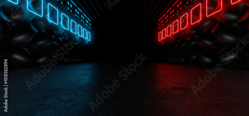 Fototapeta Naklejka Na Ścianę i Meble -  Sci Fy neon lamps in a dark corridor. Reflections on the floor and walls. 3d rendering image.