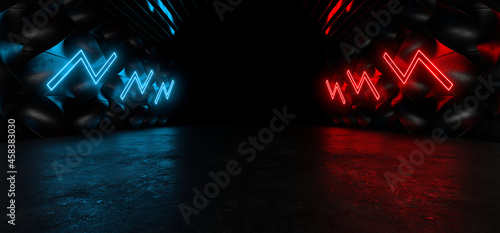 Fototapeta Naklejka Na Ścianę i Meble -  Sci Fy neon lamps in a dark corridor. Reflections on the floor and walls. 3d rendering image.