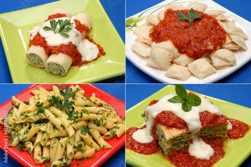 collage of different fresh pasta dishes with sauce photo