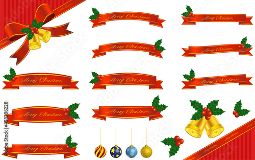 柊つきクリスマス用ラッピングリボン、クリスマスボールとベルのセット