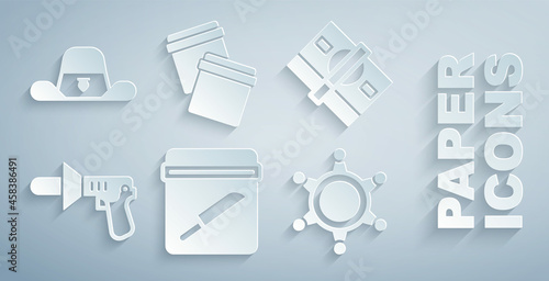 Set Evidence bag with knife, Stacks paper money cash, Police megaphone, Hexagram sheriff, Plastic ziplock and Sheriff hat badge icon. Vector