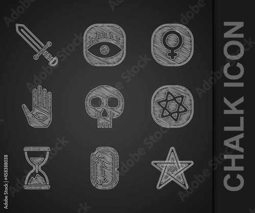 Set Skull, Magic runes, Pentagram, Tarot cards, Old hourglass with sand, Hamsa hand, Venus and Medieval sword icon. Vector