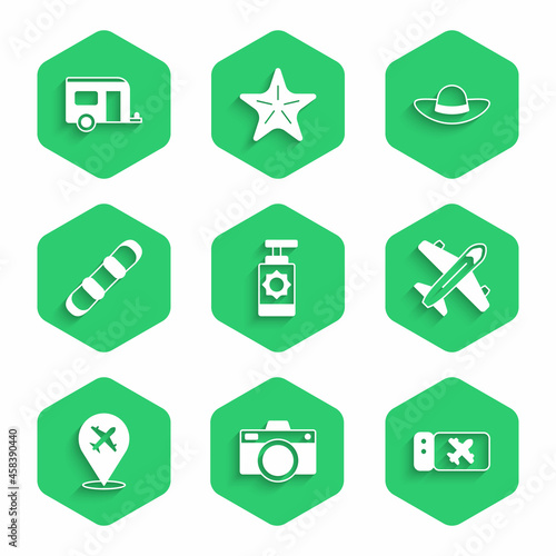 Set Sunscreen spray bottle, Photo camera, Airline ticket, Plane, Snowboard, Elegant women hat and Rv Camping trailer icon. Vector