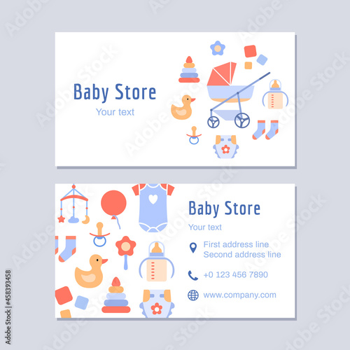Baby store business card design template. Color flat creative identity on white background. Kids clothing, toy, apparel, furniture, accessories. Contact, mobile phone, web layout vector illustration.