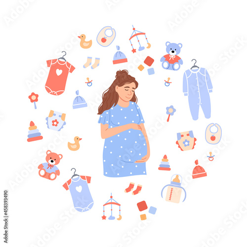 Happy pregnant woman portrait on baby background. Flat Caucasian expectant holds belly in cartoon circle frame with cute kids clothing toys accessories. Maternity concept vector illustration.