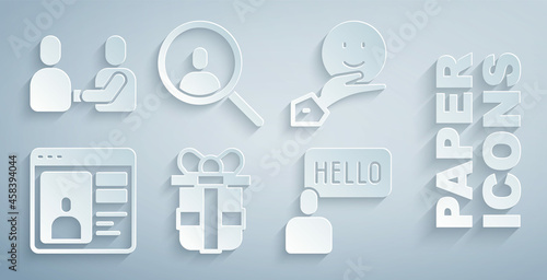Set Gift box, Happy friendship day, Dating online, Acquaintance, Magnifying glass for search and icon. Vector