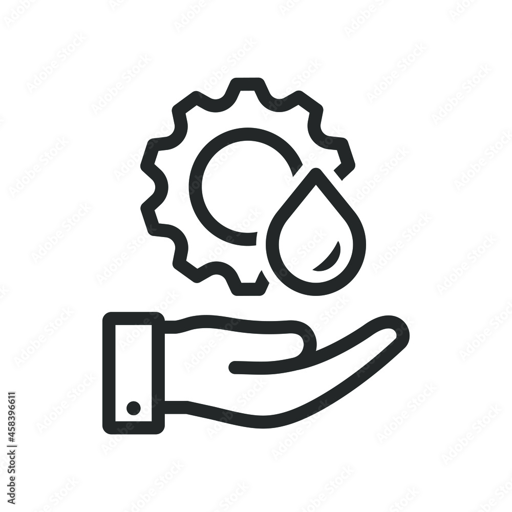 Lubricant oil drop and gear on hand icon design isolated on white