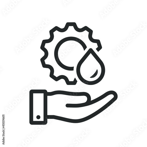 Lubricant oil drop and gear on hand icon design isolated on white background. Vector illustration