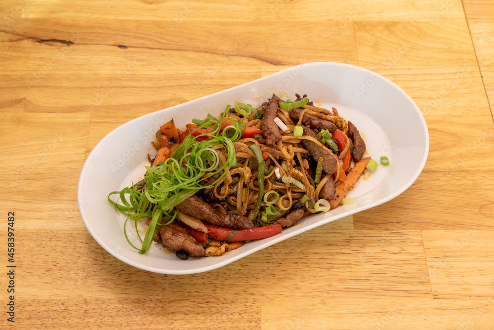 Tray of Cantonese Chinese Chow Fun Beef Stew with Hefen and Bean Sprouts Tray of Cantonese Chinese Chow Fun Beef Stew with Hefen and Bean Sprouts
