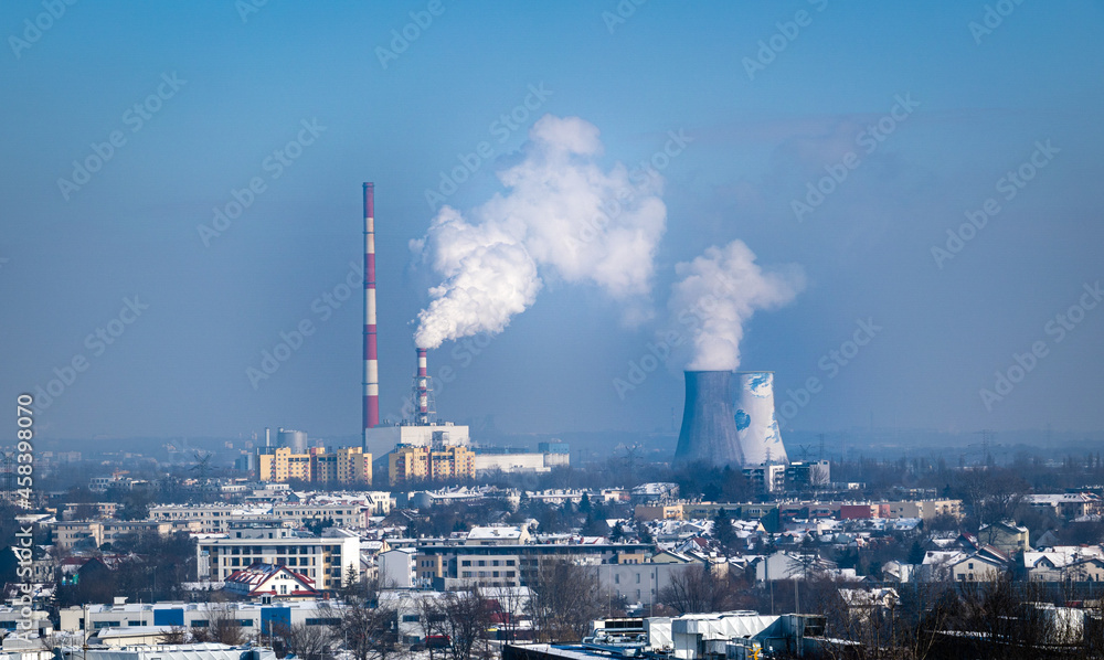 The smoking chimneys of the heat and power plant in Krakow