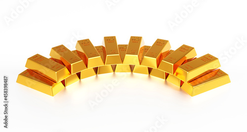 Gold ingot or stack of gold bars, business banking financial concept. 3d render.