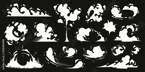 Comic explosion effect set. Vector dust smoke cloud, puff, mist, fog, watery vapour, cartoon energy blast and motion speed sparks. Clipart element for animation. Visual effects for game, print, promo