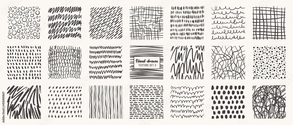 Set of hand drawn patterns isolated. Vector textures made with ink, pencil, brush. Geometric doodle shapes of spots, dots, circles, strokes, stripes, lines. Template for social media, posters, prints