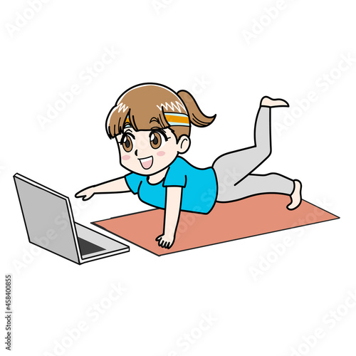  オンラインフィットネスで運動する女性イラスト