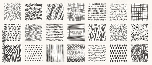 Set of hand drawn patterns isolated. Vector textures made with ink, pencil, brush. Geometric doodle shapes of spots, dots, circles, strokes, stripes, lines. Template for social media, posters, prints