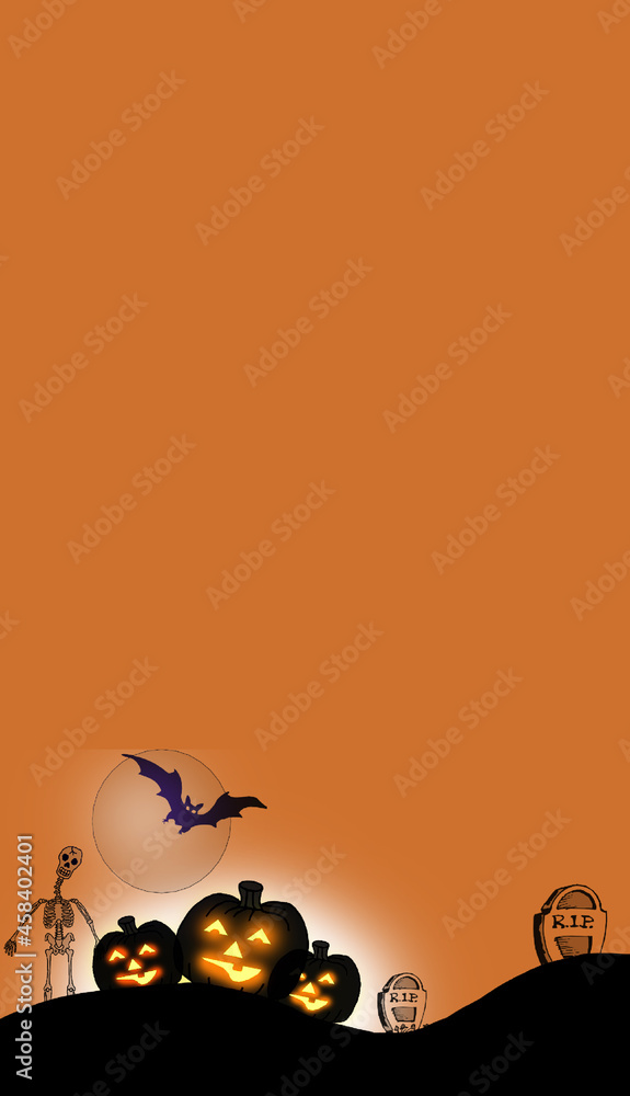 Halloween day pumpkins, with skull and bat on orange background, vertical size image.