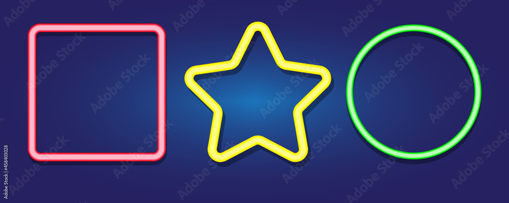 Neon geometric figure icon set. Pink square. Yellow star. Green circle. Glowing effect. Vector illustration. Stock image. Neon geometric figure icon set. Pink square. Yellow star. Green circle. Glowing effect. Vector illustration. Stock image.