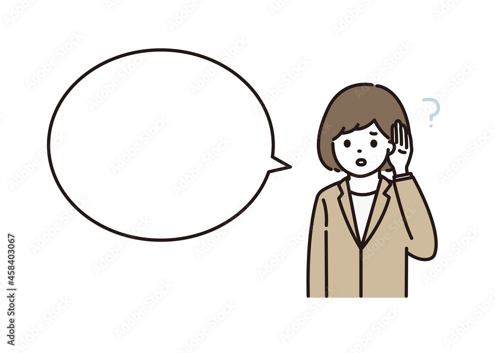 難聴で耳が聞こえづらいビジネスウーマン 吹き出し 難聴で耳が聞こえづらいビジネスウーマン 吹き出し