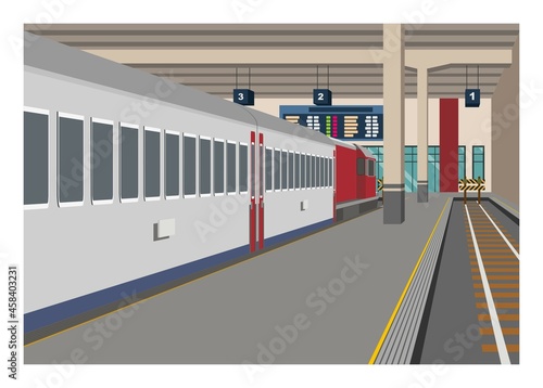 Passenger train stops at terminus railway station. Simple illustration in perspective view.