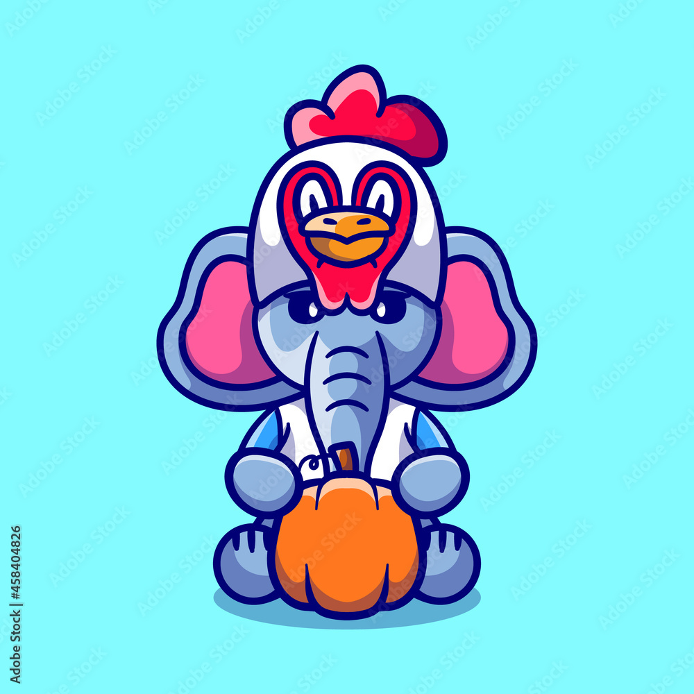 Obraz premium cute thanksgiving elephant carrying a pumpkin and wearing a chicken hat