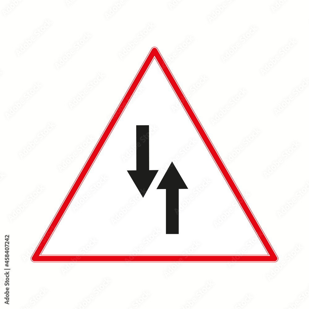 Two-way traffic sign. Road laws. Regulation concept. Isolated navigation emblem. Vector illustration. Stock image. Two-way traffic sign. Road laws. Regulation concept. Isolated navigation emblem. Vector illustration. Stock image.