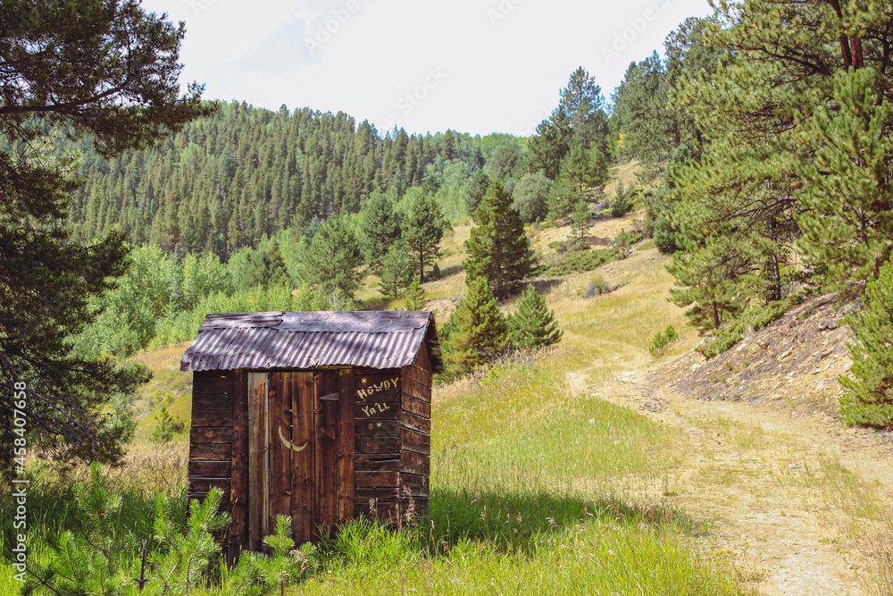 Shed in the Woods, A rustic outhouse in the woods of Colorado, A western aesthetic structure in