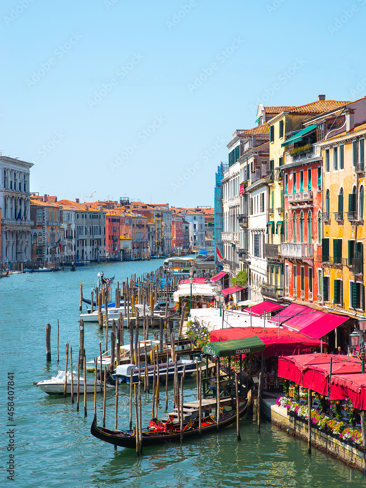 Italy, Venice Grand Canal, Venice Gondola Italy Venice, Canal, Rialto Bridge Venice, Italy Architecture, Landmark, Veneto, Blue Sky, Boat, Europe, Travel, Vacation, Venezia, Tourist, Colourful