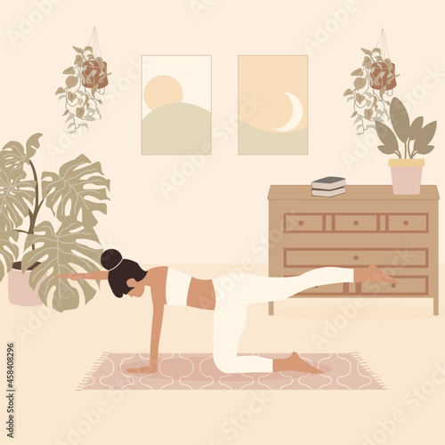 Beautiful young woman doing yoga  practice in her home  on a mat on the floor in a healthy daily life concept. Vector illustration, flat style.