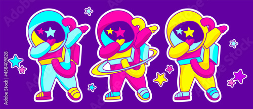 The astronauts doing dabbing dance move in the outer space with stars. Character fun concept for t-shirt template, Isolated editable patches.