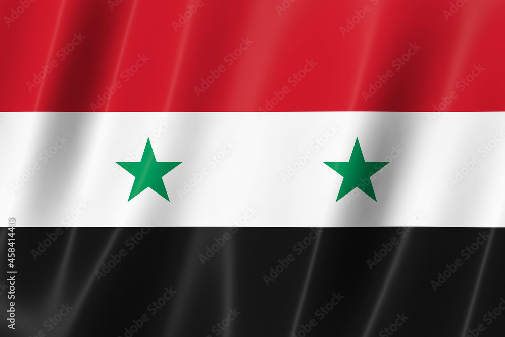 Syria flag of silk-3D panoramic illustration Syria flag of silk-3D panoramic illustration