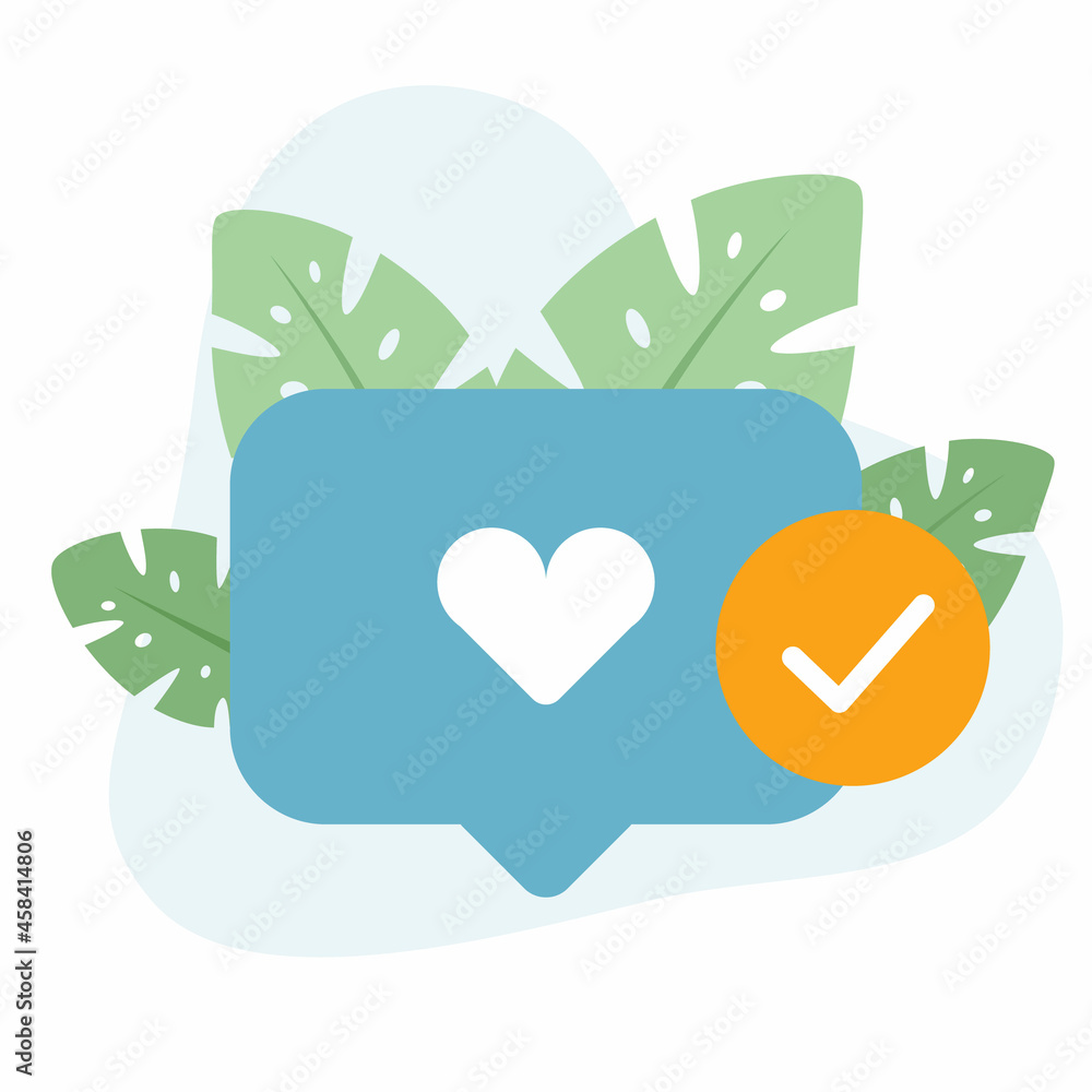 We've received your feedback, heart, comment, online, social media, check mark, received, green leaves.