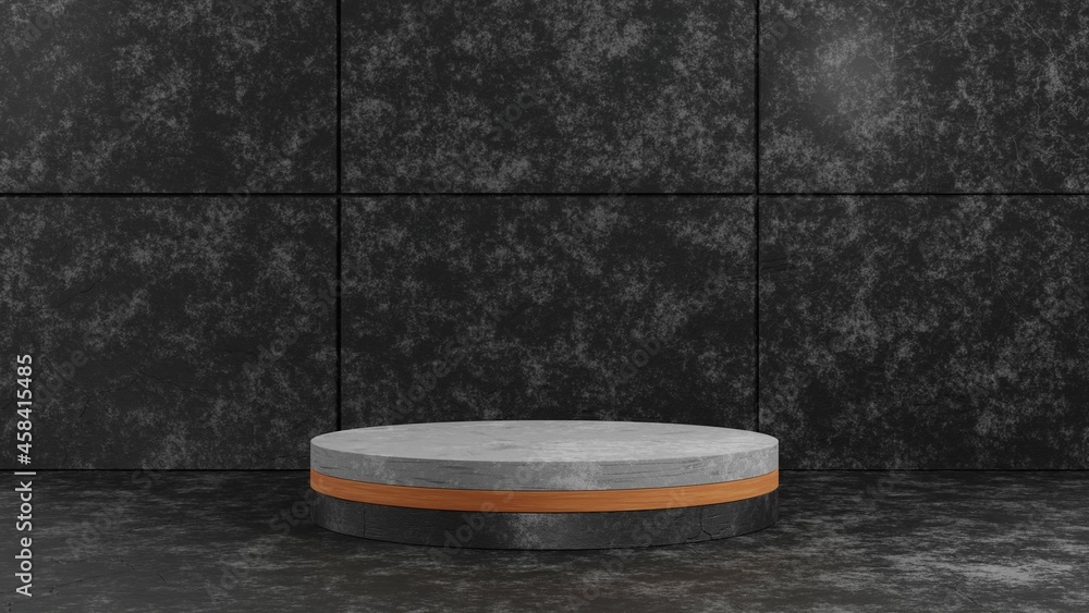 3D rendering cylinder wood and concrete pedestal podium on dark cement texture background for presentation template.Geometry exhibition stage mockup concept illustration. 3D rendering cylinder wood and concrete pedestal podium on dark cement texture background for presentation template.Geometry exhibition stage mockup concept illustration.