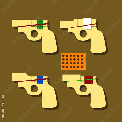 4 Vector wooden cap gun, wood toy, child's play, good old days.