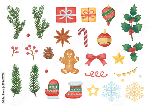手描き風　絵本のような、かわいいクリスマスイラストセット　オーナメント、モミの葉など　