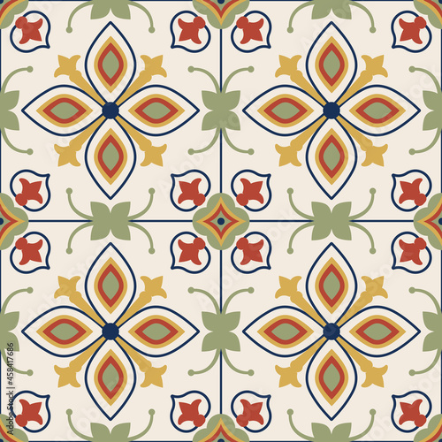 Tuscan tile seamless vector pattern. Ceramic repeat Tuscany style decor design. Vintage, decorative illustrated texture art with floral motifs in rustic, earthy yellow, green, red and blue colours