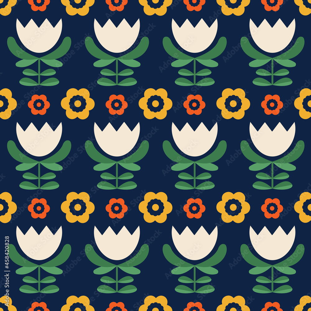 Geometric scandi floral tulip seamless vector pattern. Bold Scandinavian, folk, retro, flat style illustrated flowers in yellow, orange and white on a navy blue background. Repeat wallpaper design. 