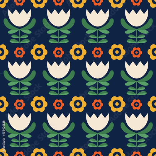 Geometric scandi floral tulip seamless vector pattern. Bold Scandinavian, folk, retro, flat style illustrated flowers in yellow, orange and white on a navy blue background. Repeat wallpaper design. 