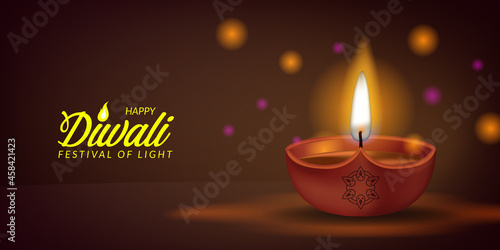 3d realistic illuminated oil lamp for happy diwali festival of light from India with bokeh light greeting card