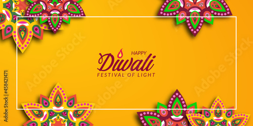 Diwali festival holiday design with paper cut style of Indian Rangoli mandala floral decoration with yellow background