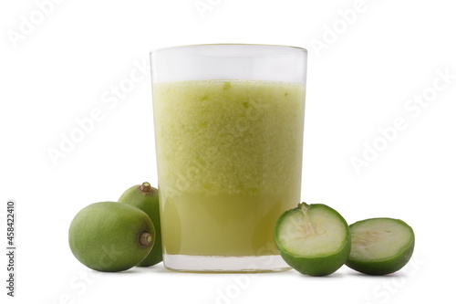 ambarella or june plum smoothie and fresh fruits, healthy drink isolated on white background photo