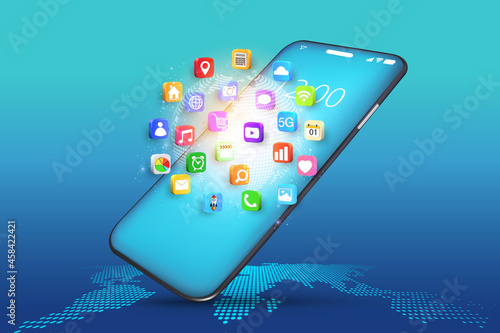 Application on Mobile, smartphone with application icons isolated on global network background as new technology and communication concept. vector illustration.