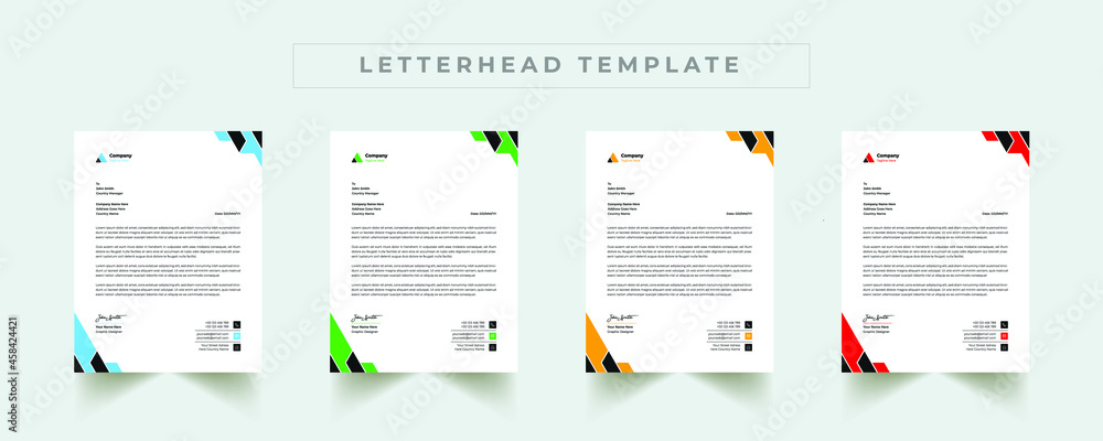 Professional business letterhead design in red, yellow, green & blue for the corporate office. Vector design illustration. Simple & creative modern corporate letterhead template in a4 size