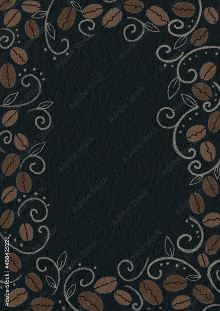 Abstract roasted coffee beans frame with ivy drawing on black paper for decoration on coffee concept.