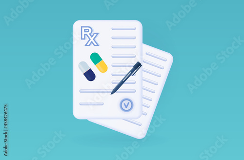 3d signing prescription pad rx paper. List and appointment of doctors, diagnosis, medical record. The concept of prescribing a dose of pills, capsule with signature on a prescription, receipt.Vector
